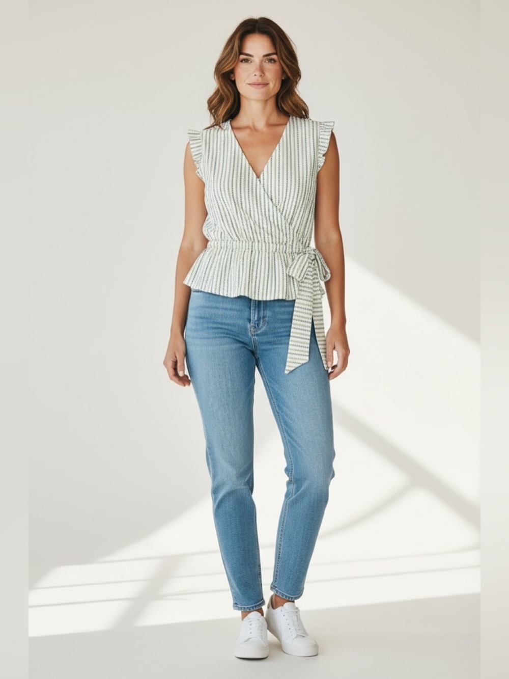 Banana Republic Tie Waist Sleeveless Peplum Blouse // Blue & Green // XS